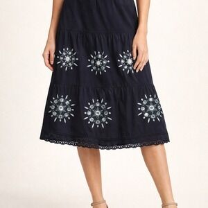 Ann Taylor LOFT Petites 2P Navy Embroidered Boho Peasant Skirt Mirror Beaded‎